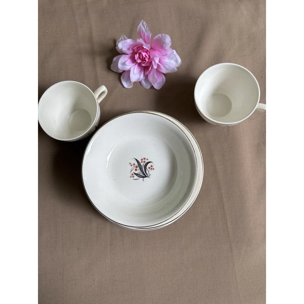 Wedgwood Set Of 8 Black Red Gold Trim VTG England Small Plates Cups Bowls